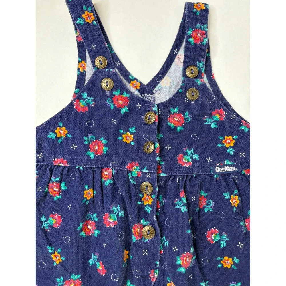Vintage OshKosh Bgosh Girls Navy Floral Corduroy Overalls Vestbak Made in USA 3T